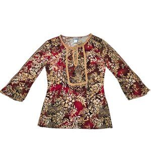 VTG Y2K Janette Womens Boho Floral Cottagecore Folk Indie Lace Up Top Medium